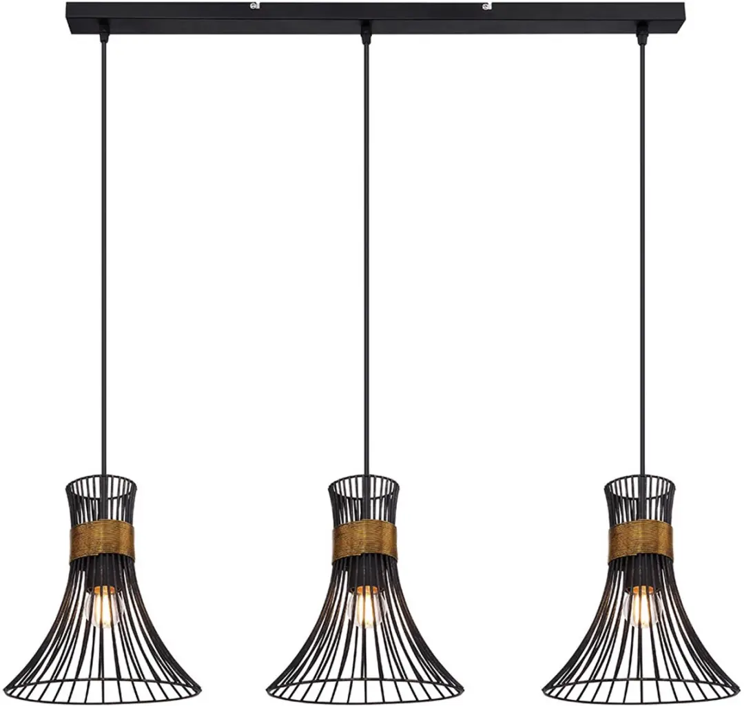 Plafondlamp hanglamp met rooster lampenkappen 3 vlammen hanglamp in zwart-goud,