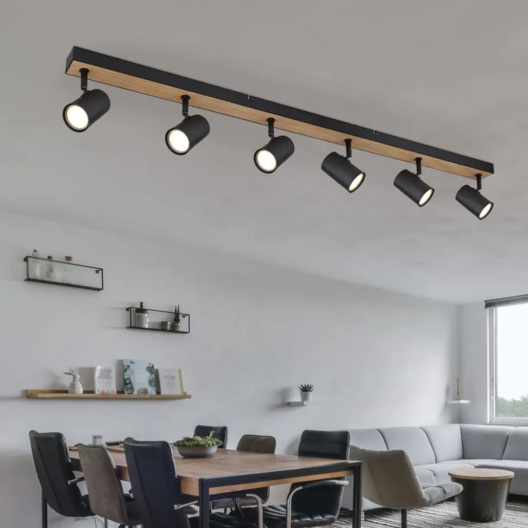 Plafondlamp Plafondspot zwart spotlijst 6 vlammen, MDF hout look Scandinavisch,