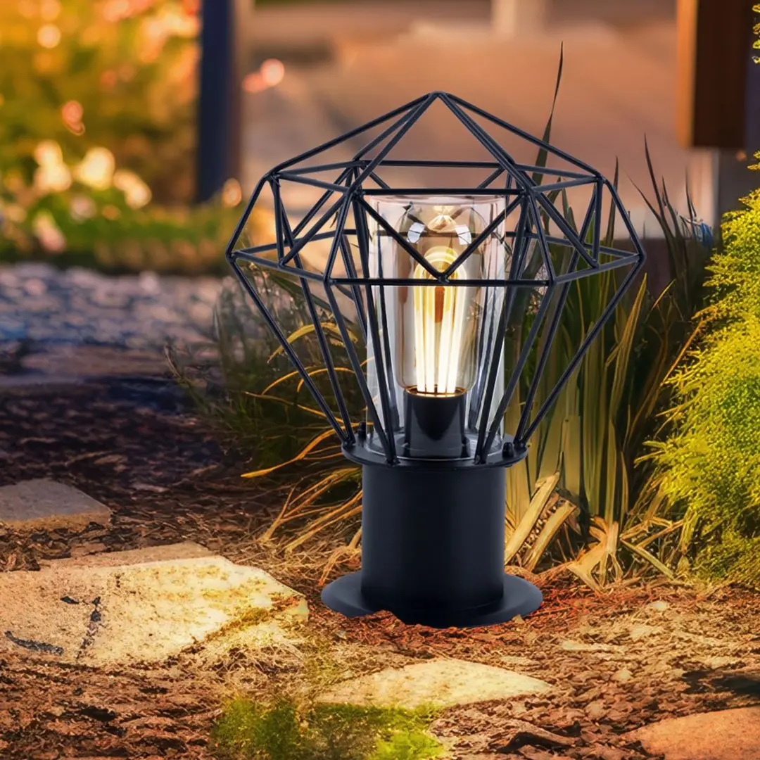 Staande buitenlamp tuin zwart roestvrij staal, industriÃ«le design raster kap,