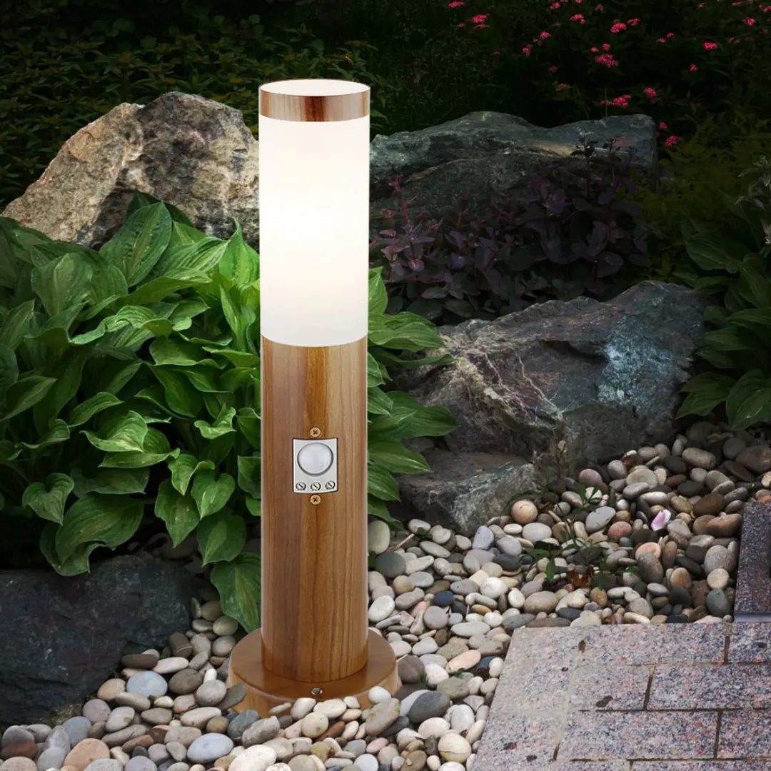 Staande lamp met bewegingsmelder houtoptiek buitenpaal roestvrij staal, wit kuns