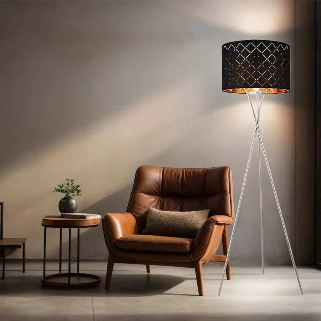 Staande lamp textiel kap zwart goud bijzetlamp 3-poot driepoot textiel, mat nikk