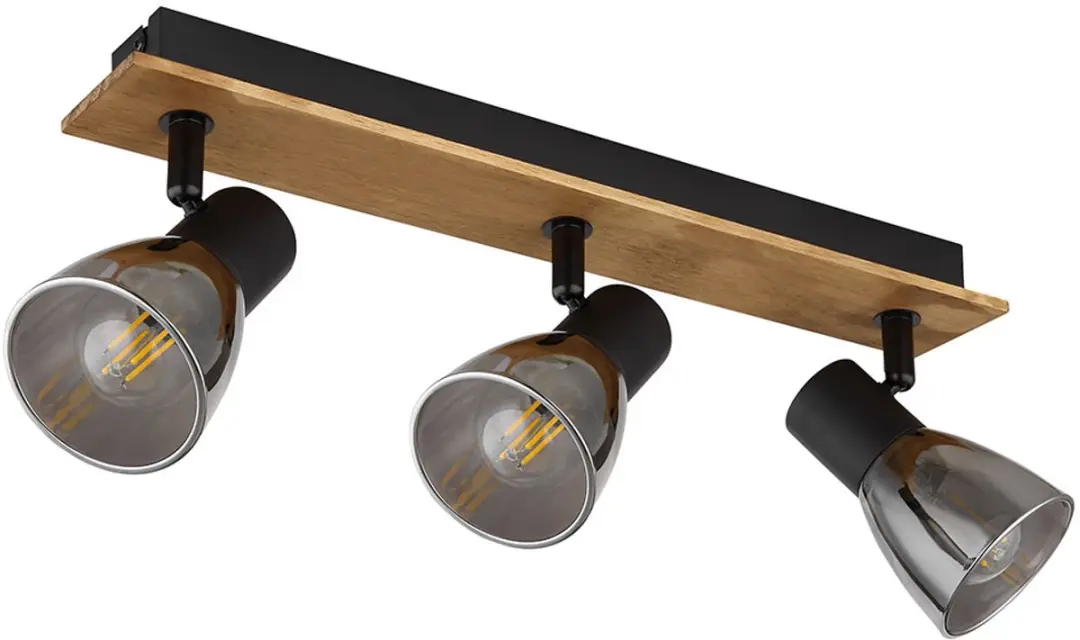 Plafondlamp 3 vlammen zwart hout slaapkamer, 3 draaibare spots, metaalglas, zwar