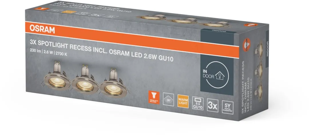 Osram Spotlight Plafond Inbouwset 3x2.6W GU10 - Geborsteld nikkel
