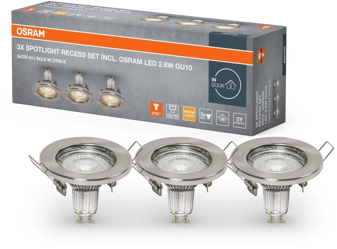Osram Spotlight Plafond Inbouwset 3x2.6W GU10 - Geborsteld nikkel