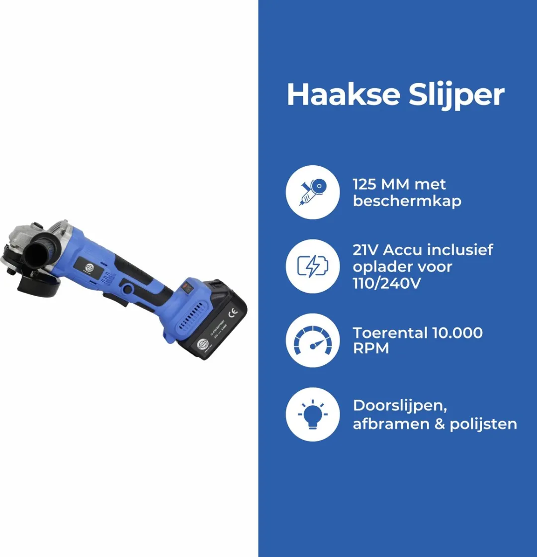 TETRA RT-AG21 haakse slijper oplaadbaar 125 MM accu 12V oplader 110-240V