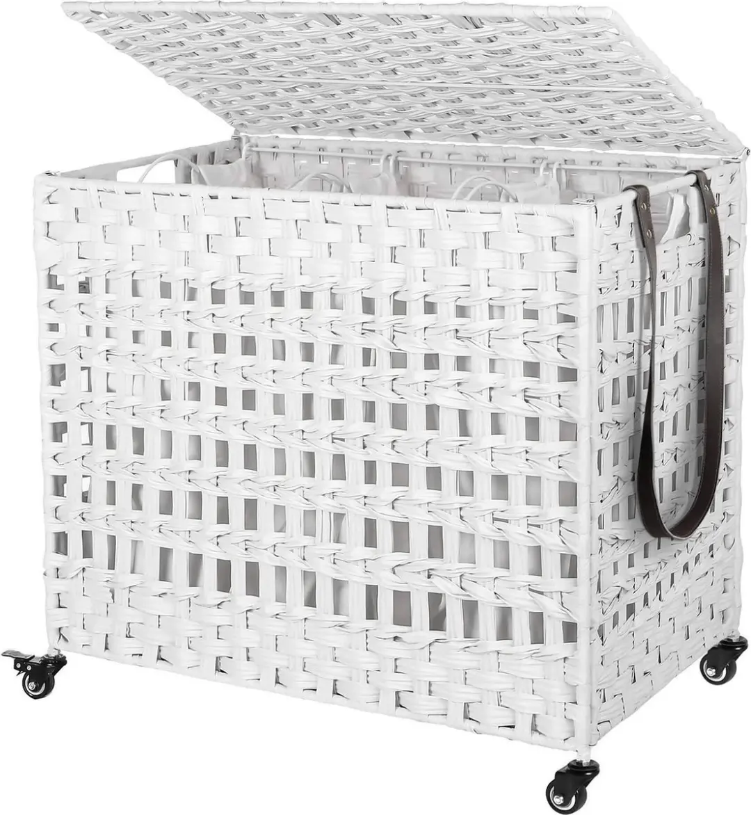 Wasmand met de hand gevlochten, wasmand van polyrotan, met 3 vakken, deksel en h