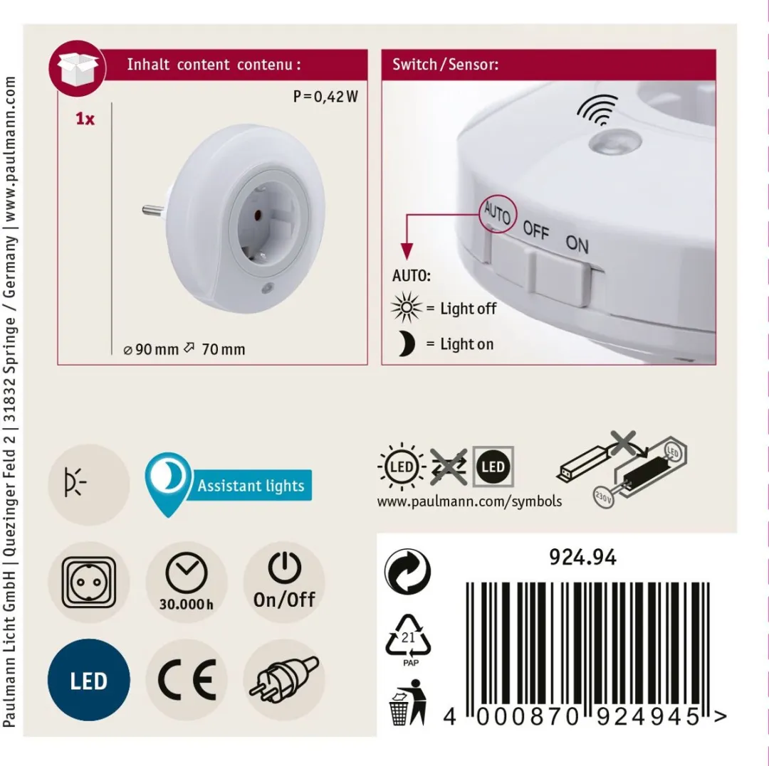 Paulmann Esby Nachtlamp 22lm - 3000K - Ø9cm - Wit