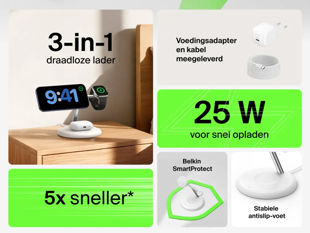 Belkin UltraCharge WIZ050kqWH 3-in-1 Laadstandaard - Wit - afbeelding 5 van 6