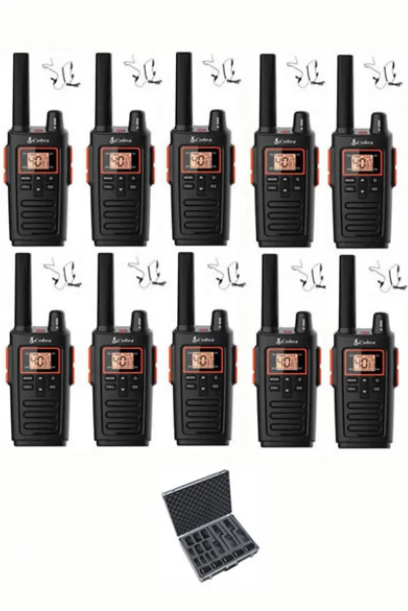 Set van 10 Cobra RX380 PMR446 portofoons IPX2 met beveiliging oortje en koffer