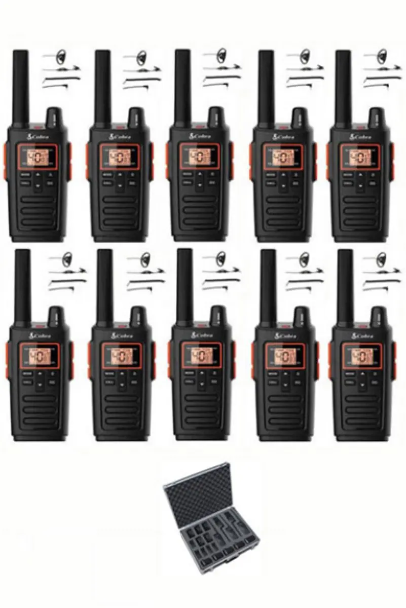 Set van 10 Cobra RX380 PMR446 portofoons IPX2 met D-shape oortje en koffer