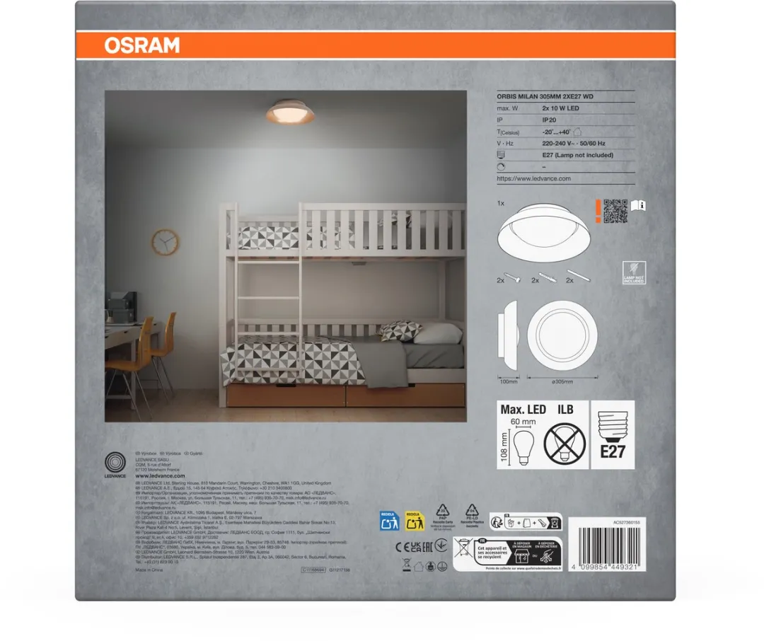 Osram Orbis Madrid Plafondlamp 305mm - Houtkleur - 2xE27