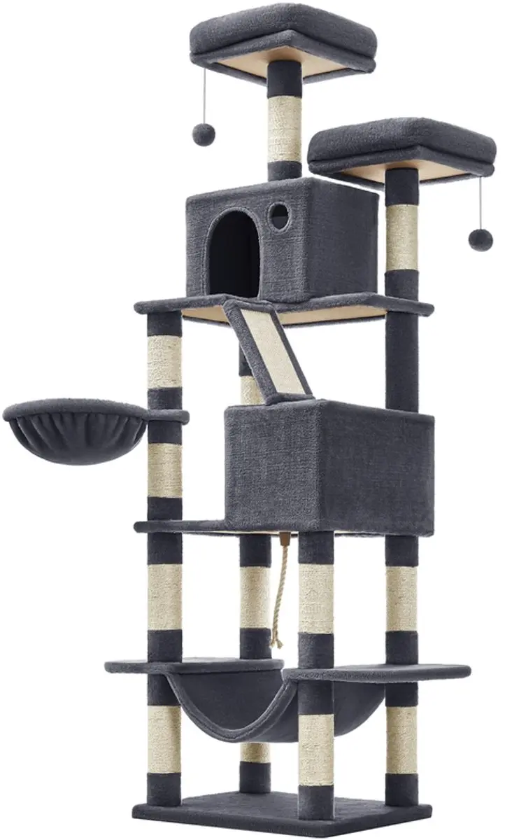 Krabpaal groot, 206 cm hoog, XXL kattenboom, met 13 krabzuilen, 2 platforms, 2 h