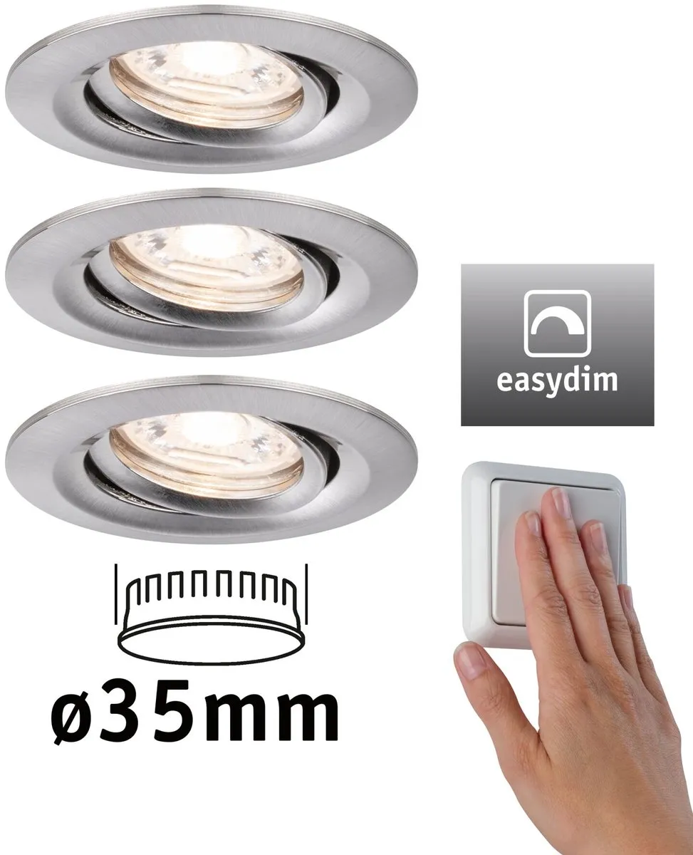 Paulmann LED-inbouwlamp Easy Dim Nova Mini Plus Coin Basisset 3x4,2W - 300lm - 2700K - Staal geborsteld