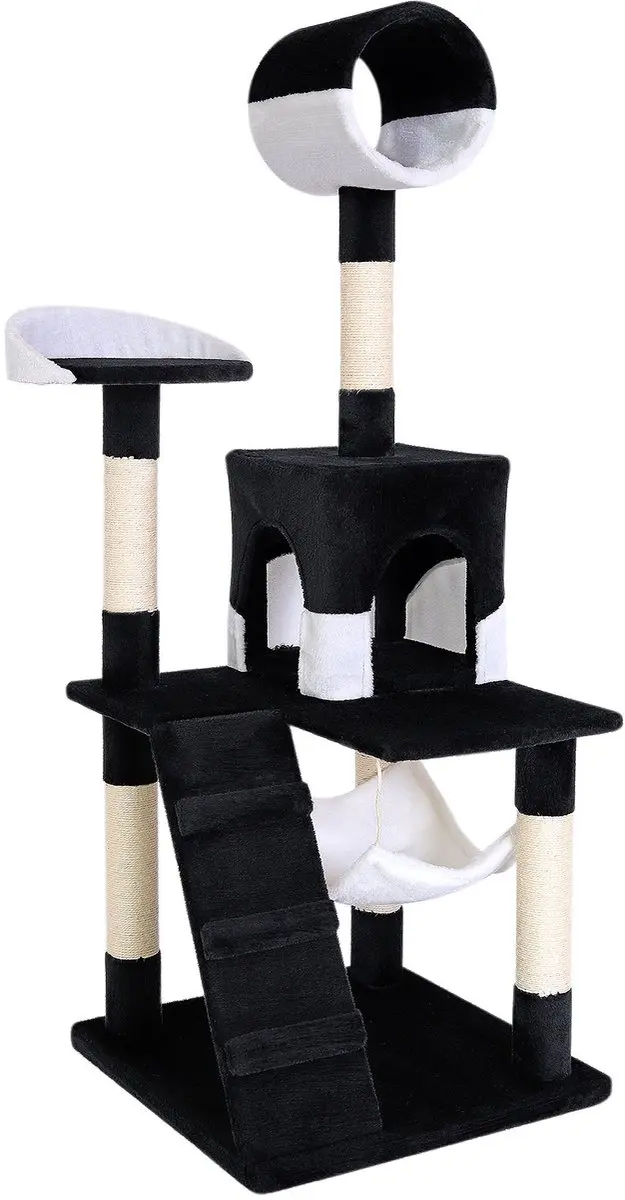 lionto Kattenkrabpaal, 133 cm met tunnel, trap & ligplekken, zwart/wit