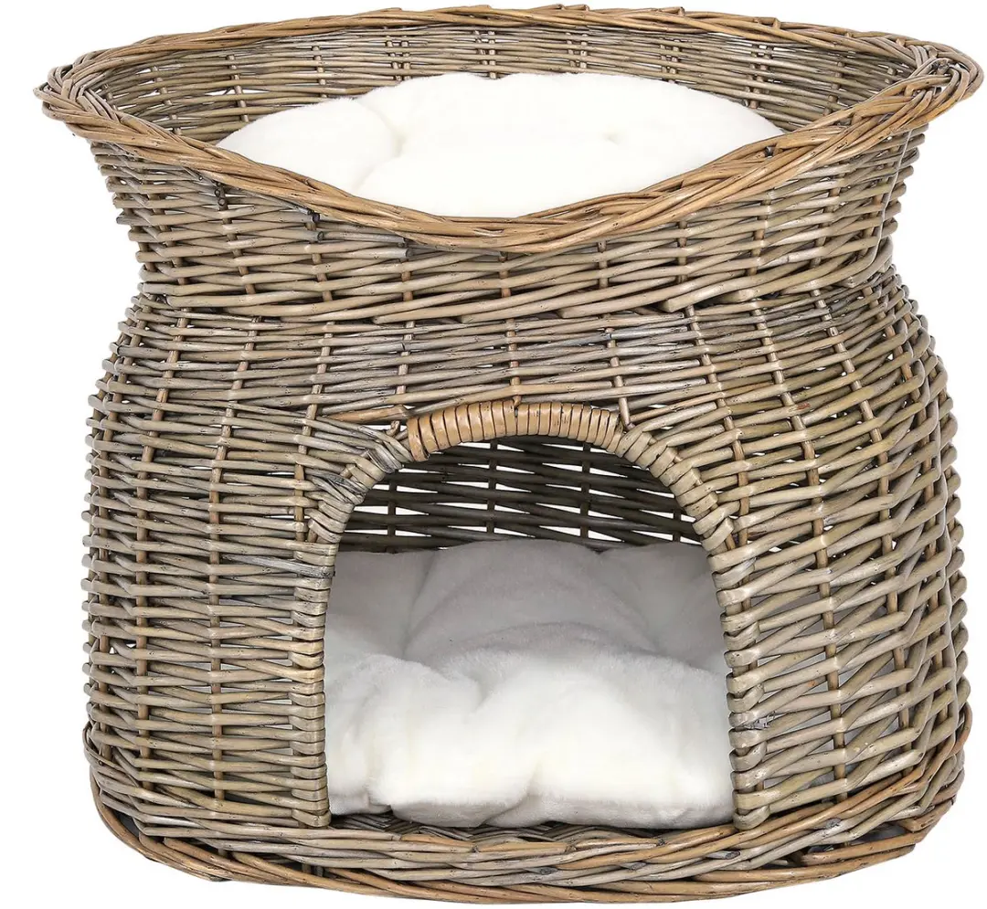 lionto kattenmand, natuurlijke rieten mand met hol & ligdak, grijs
