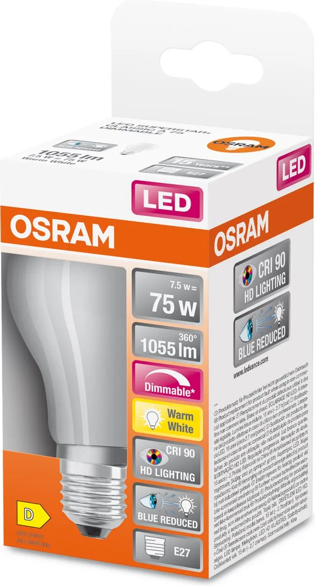 Osram LED Superstar E27 Peer Filament Mat 7.5W - 1055lm - 927 Warm Wit