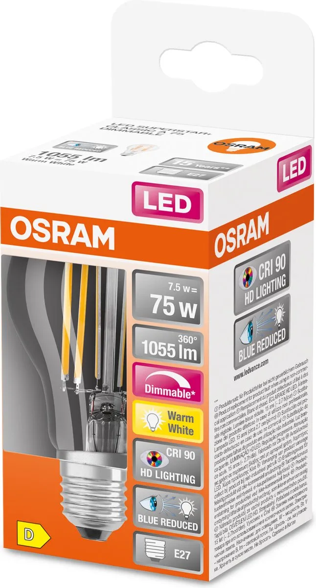 Osram LED Superstar E27 Peer Filament Mat 7.5W - 1055lm - 927 Warm Wit - afbeelding 6 van 6