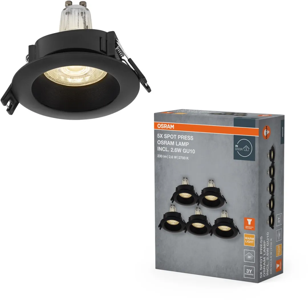 Osram Spot Set LED Inbouwspot GU10 Press 2.6W - 5 Stuks - Zwart