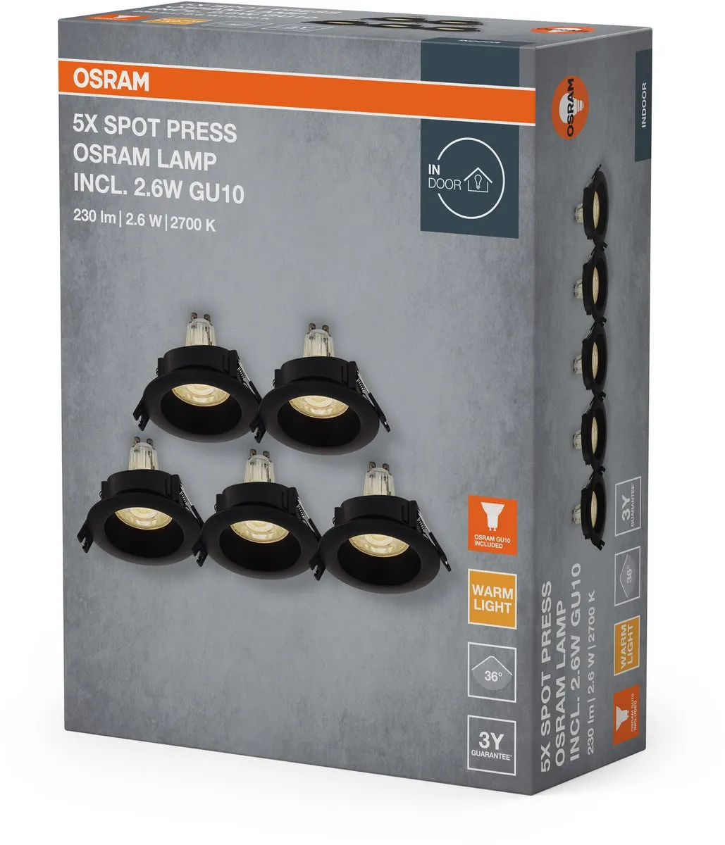 Osram Spot Set LED Inbouwspot GU10 Press 2.6W - 5 Stuks - Zwart