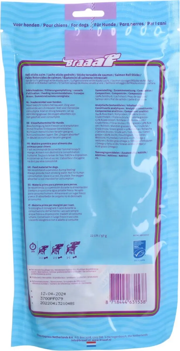 Braaaf Hondensnack Rol Sticks Zalm - 20cm - 10x 97gr - afbeelding 3 van 5