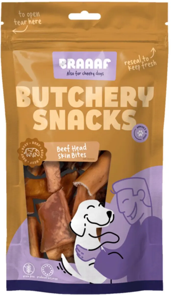 Braaaf Hondensnack Butchery Beef Head Skin Bites