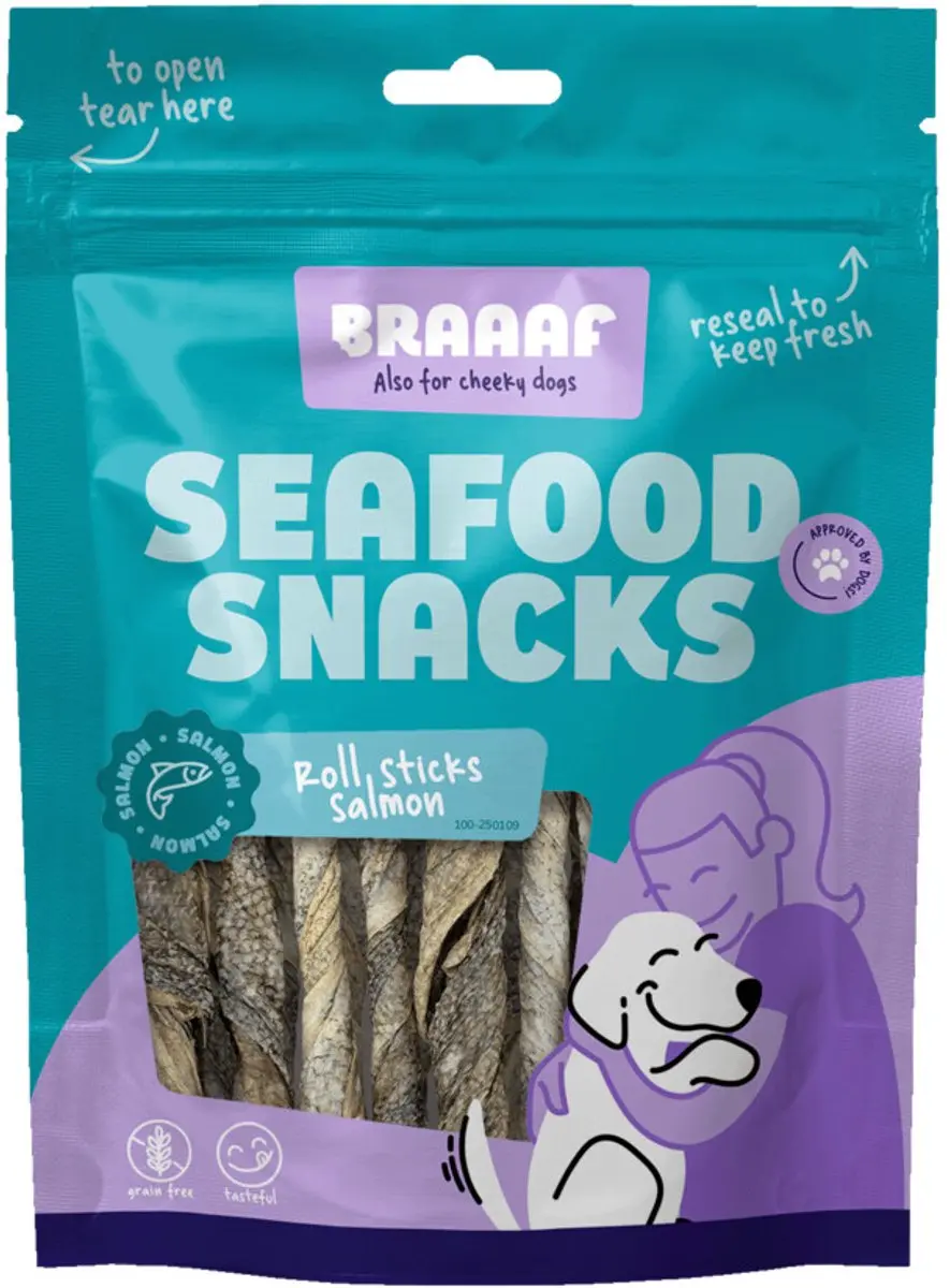Braaaf Hondensnack Sticks Zalmhuid 12 cm