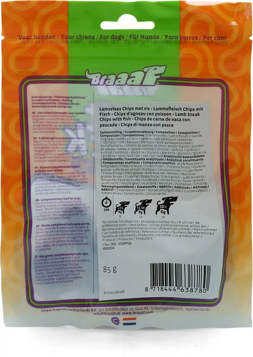 Braaaf Hondensnack Chips Lam Steak met Vis 85g - afbeelding 3 van 5