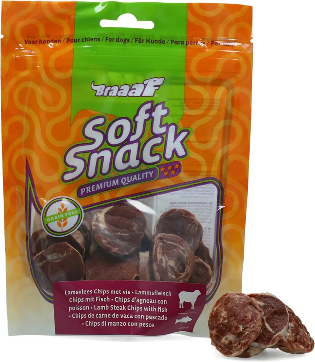 Braaaf Hondensnack Chips Lam Steak met Vis 85g