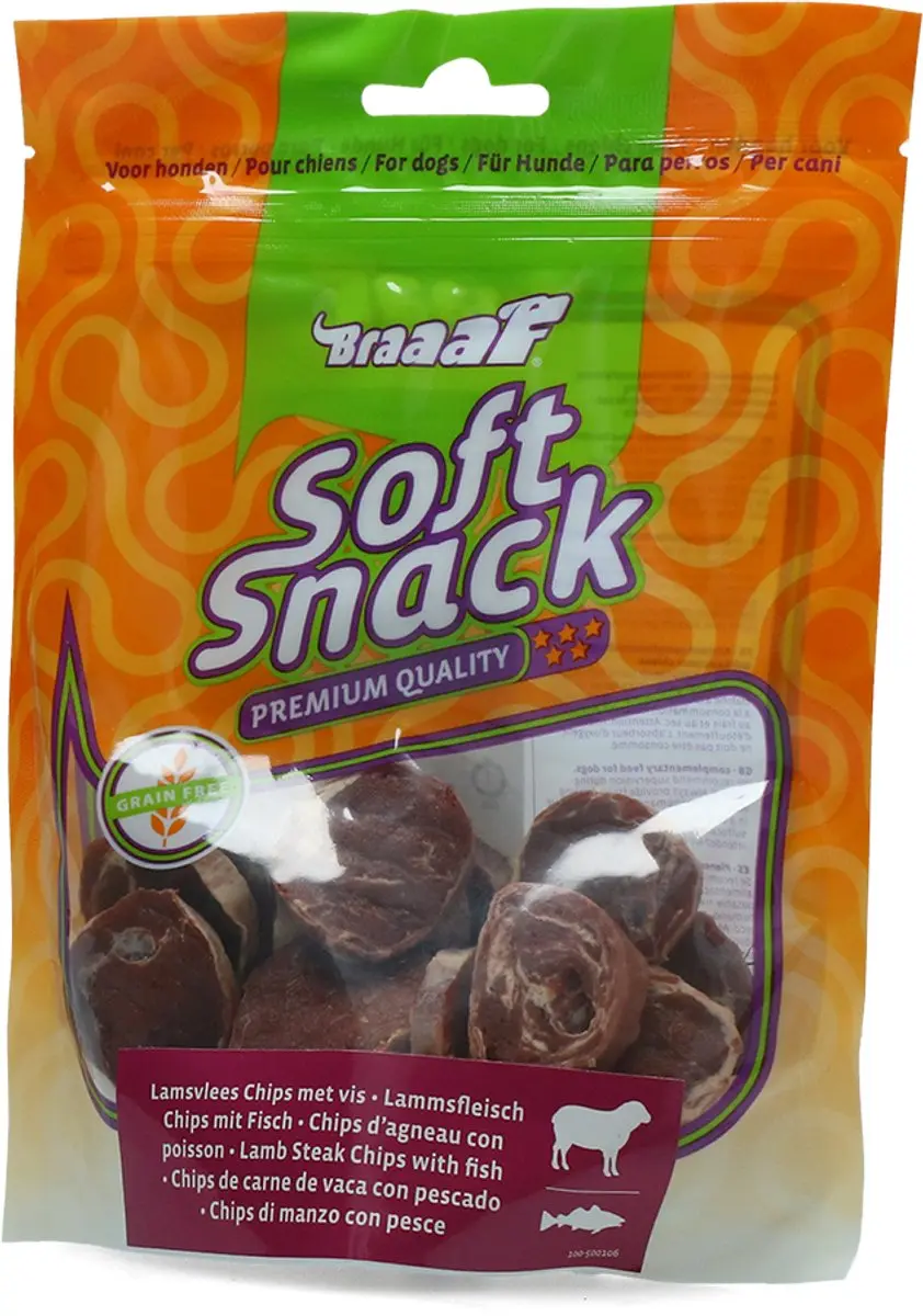 Braaaf Hondensnack Chips Lam Steak met Vis 85g - afbeelding 5 van 5