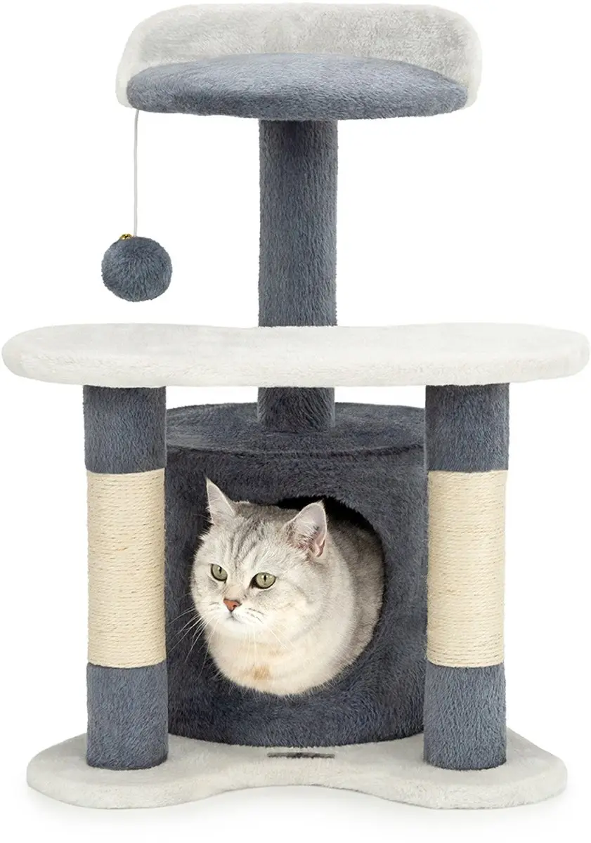 lionto kattenkrabpaal, knus huisje, sisal & speelbal, 65 cm grijs/wit