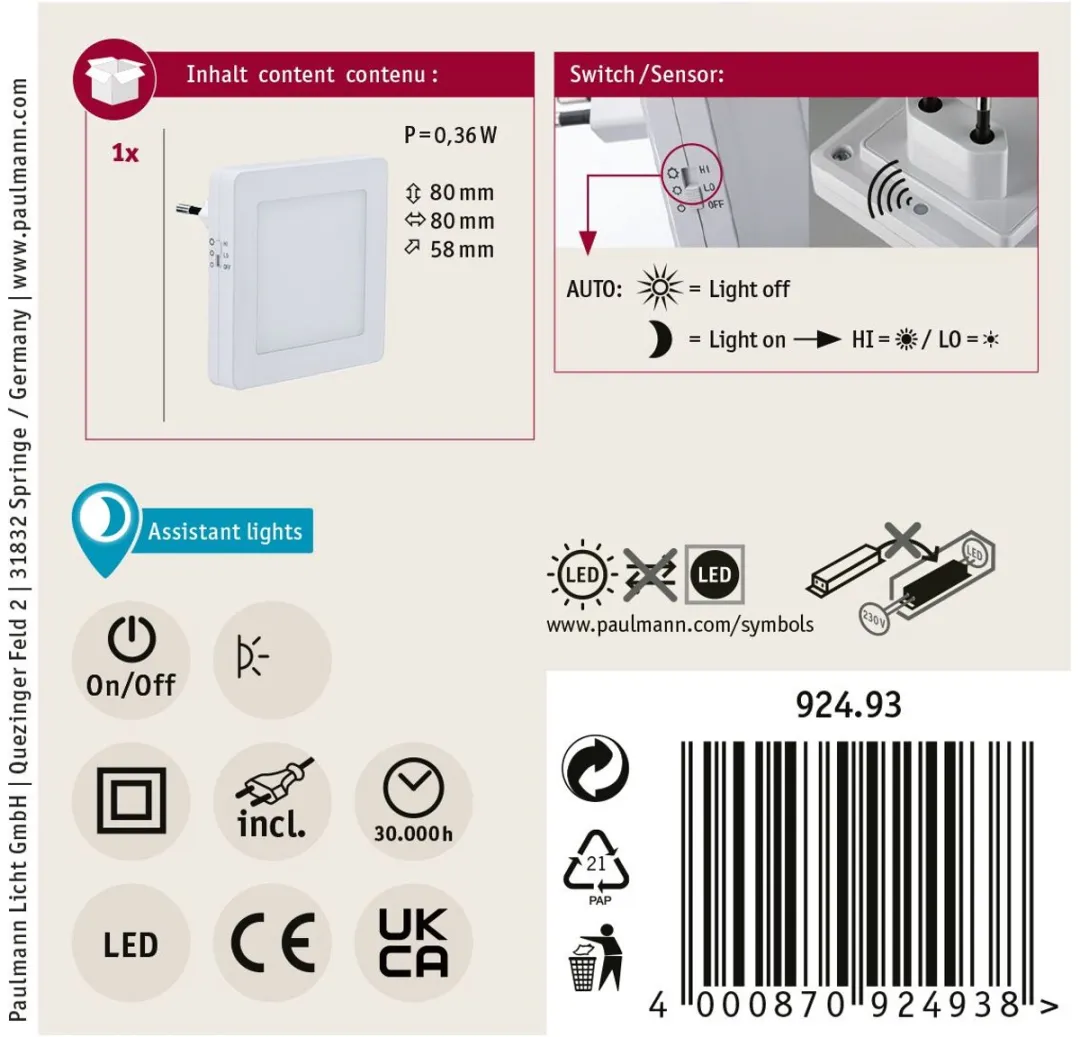 Paulmann Nachtlamp Esby Schemersensor 3000K - 0,7lm