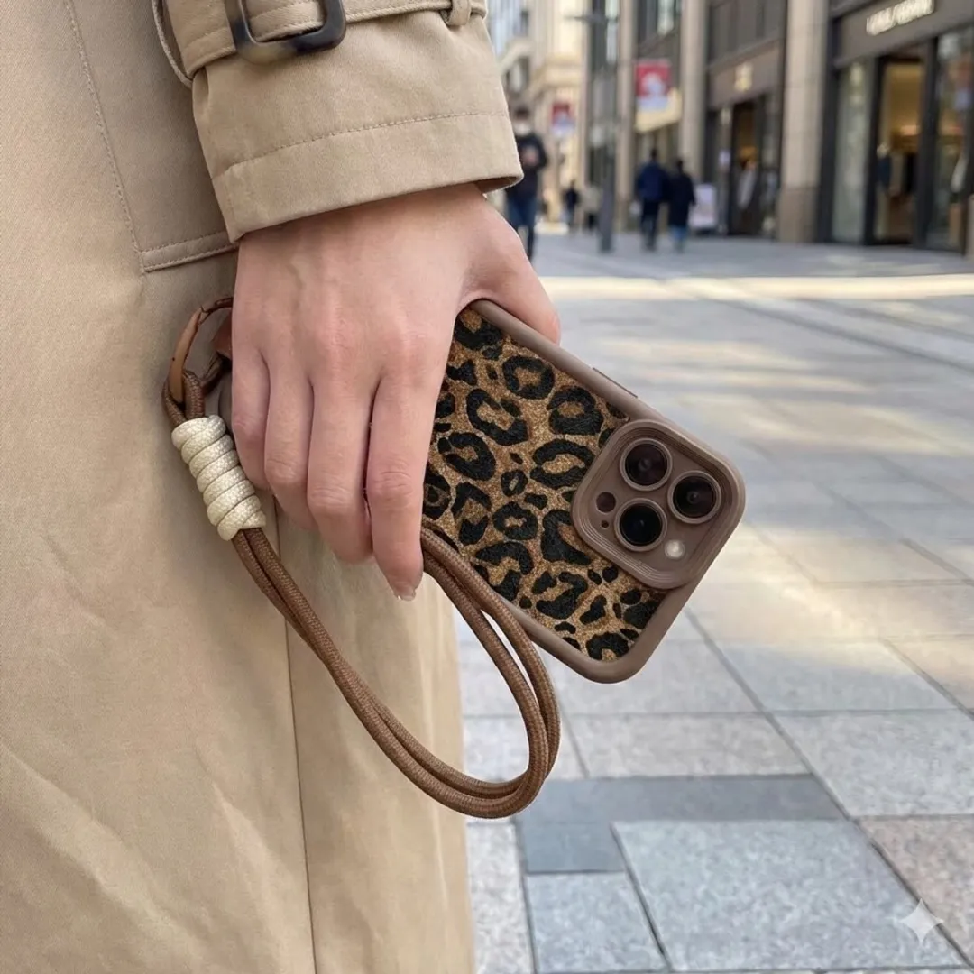 NUVEX iPhone 16 Plus Hoesje - Bruin Luipaard Print - Met Koord