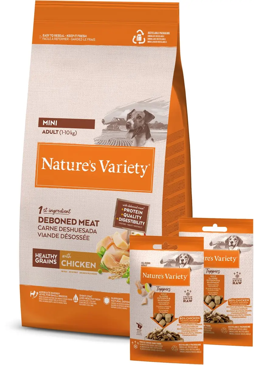 Natures Variety Original Adult Mini Kip 1,5kg + 2x120gr Freeze Dried Toppers
