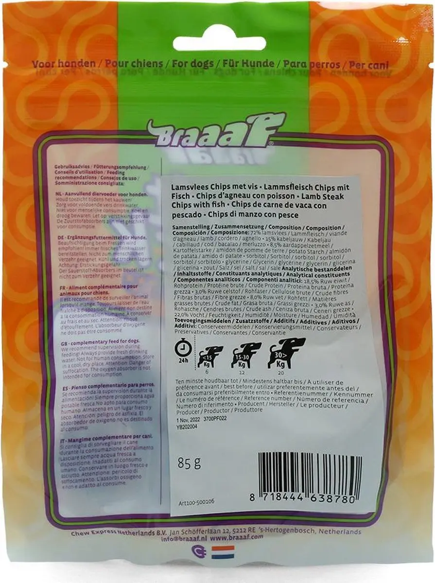 Braaaf Hondensnack Chips Rund Steak met Vis 85g - afbeelding 2 van 5
