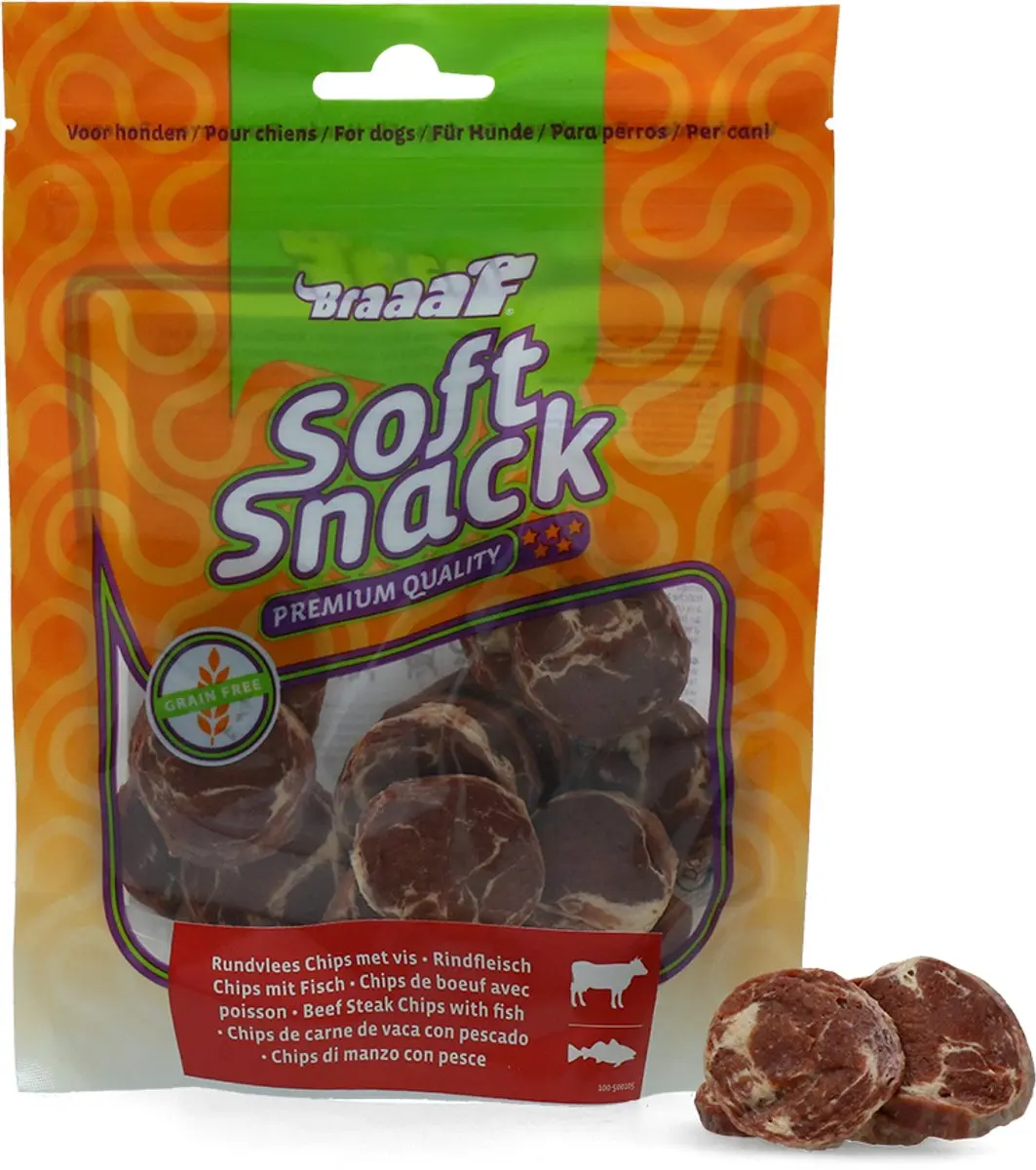 Braaaf Hondensnack Chips Rund Steak met Vis 85g - afbeelding 5 van 5