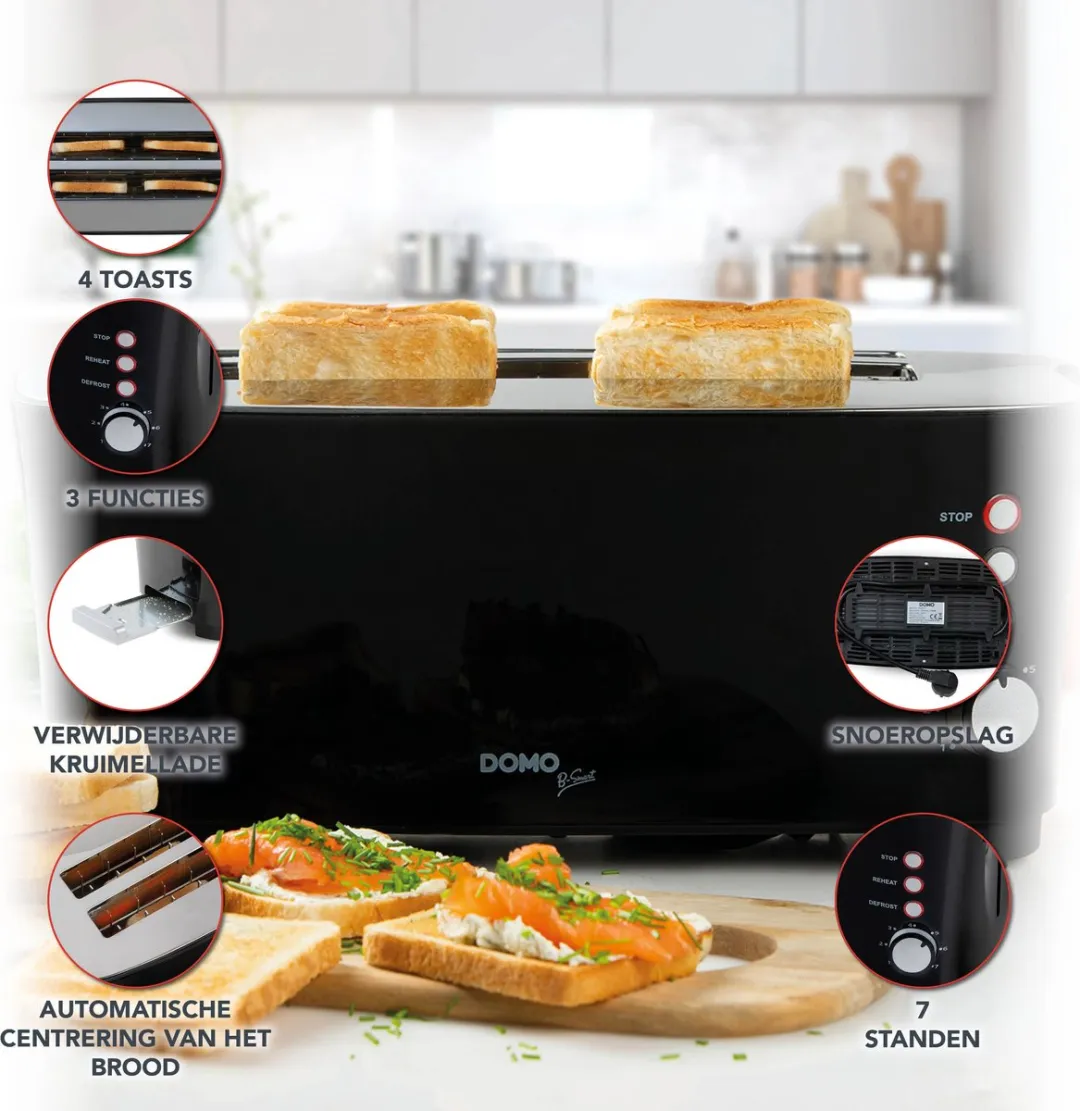 Domo DO961T Broodrooster 4 Sneden - 1350W - Zwart