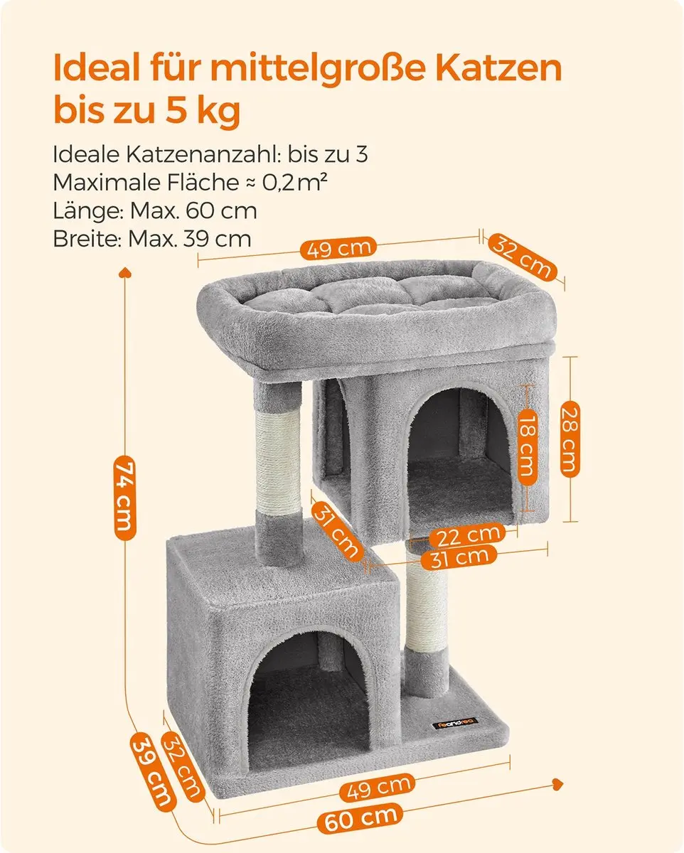 Feandrea Kratzbaum, Katzenbaum mit großer Plattform und 2 Plüschhöhlen, Spiel