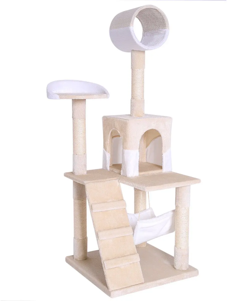 lionto Kattenkrabpaal, 133 cm met tunnel, trap & ligplekken, beige/wit