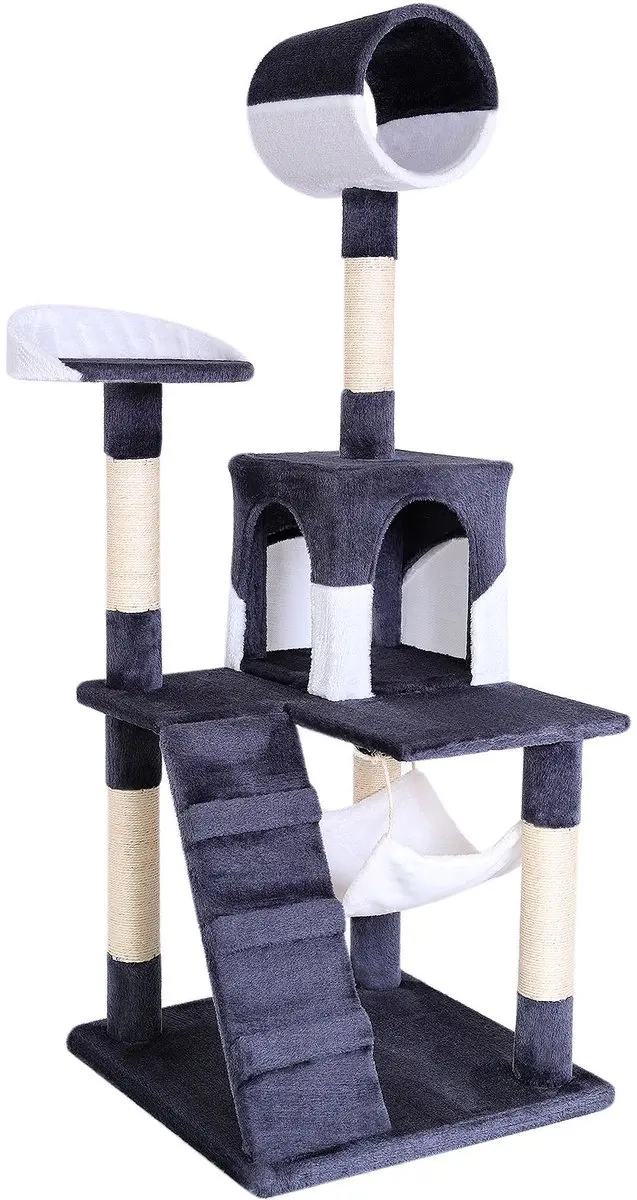 lionto Kattenkrabpaal, 133 cm met tunnel, trap & ligplekken, grijs/wit