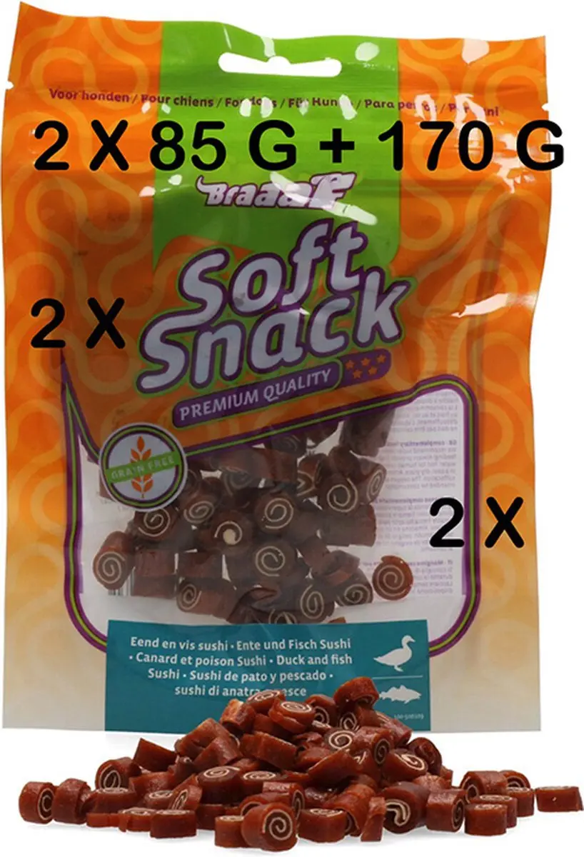 **2 X ** Braaaf soft snack honden 85 gr = 170 gram EEND EN VIS SUSHI granenvrij