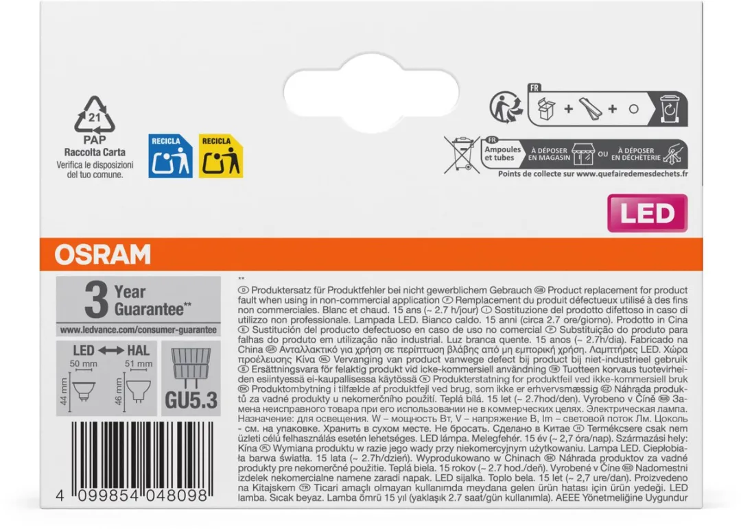 Osram LED Spotlamp Star MR16 3,8W 2700K - 36° - 345 lm - 3 Stuks