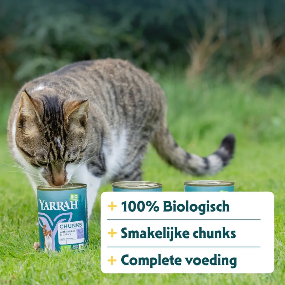 Yarrah Bio Kattenvoer Chunks Kip & Kalkoen - 12x 405g - afbeelding 2 van 6