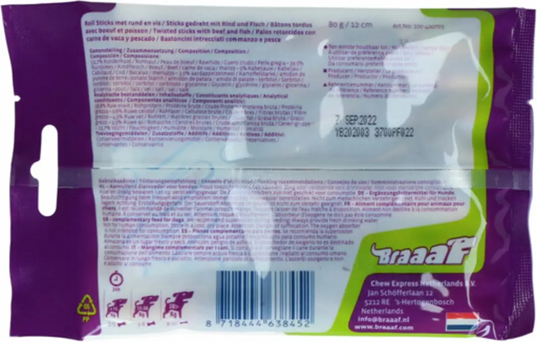 Braaaf Hondensnack Rol Sticks Vlees & Vis 12cm - 10x 80g - afbeelding 4 van 6