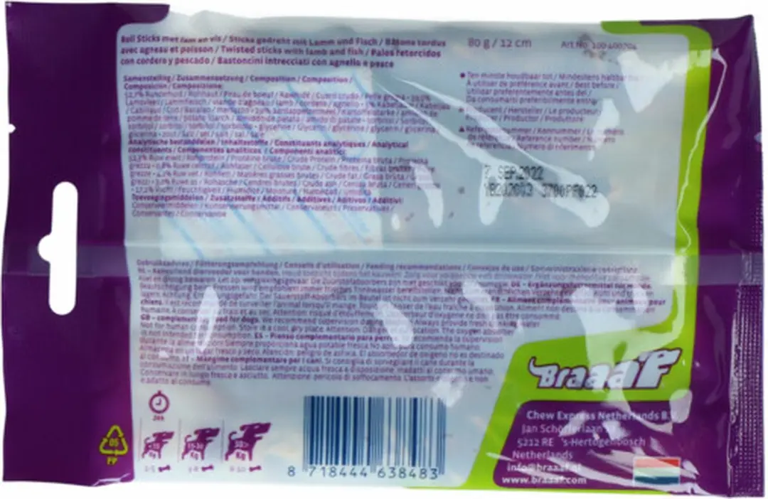 Braaaf Rol Sticks Hondensnack Lam & Vis - 12cm - 80g - afbeelding 4 van 6