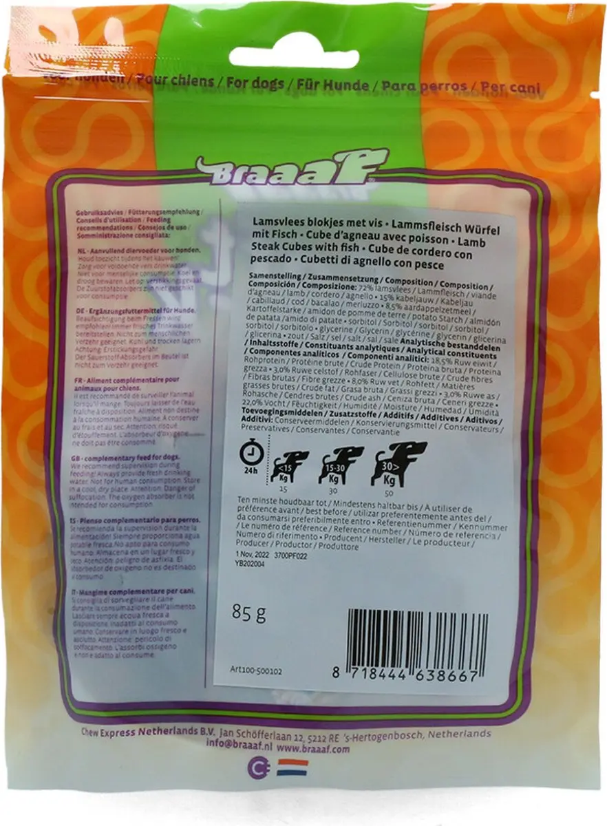 Braaaf Hondensnack Blokjes Lam Steak met Vis - 10x 85g - afbeelding 4 van 6