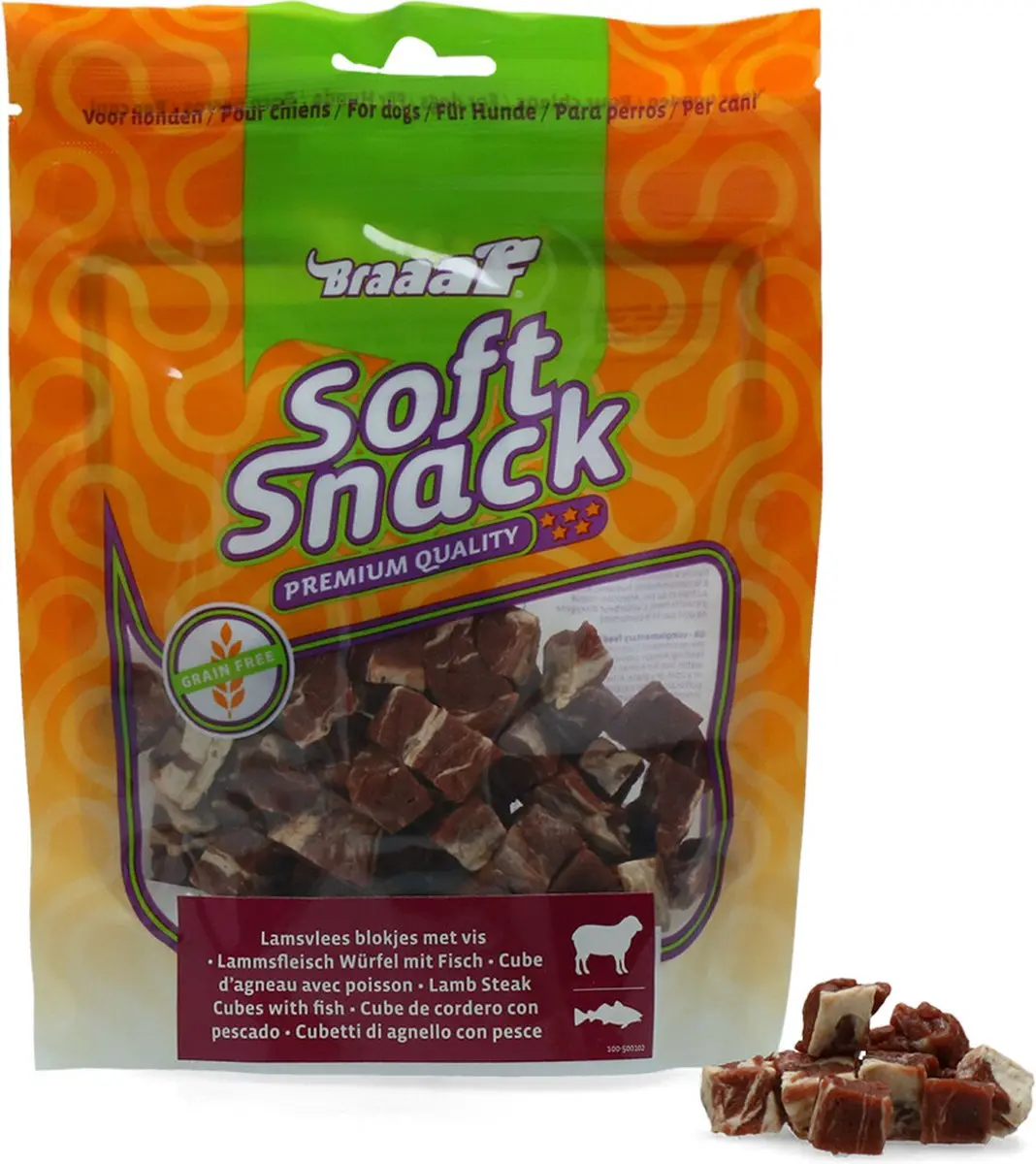 Braaaf Hondensnack Blokjes Lam Steak met Vis - 10x 85g - afbeelding 6 van 6