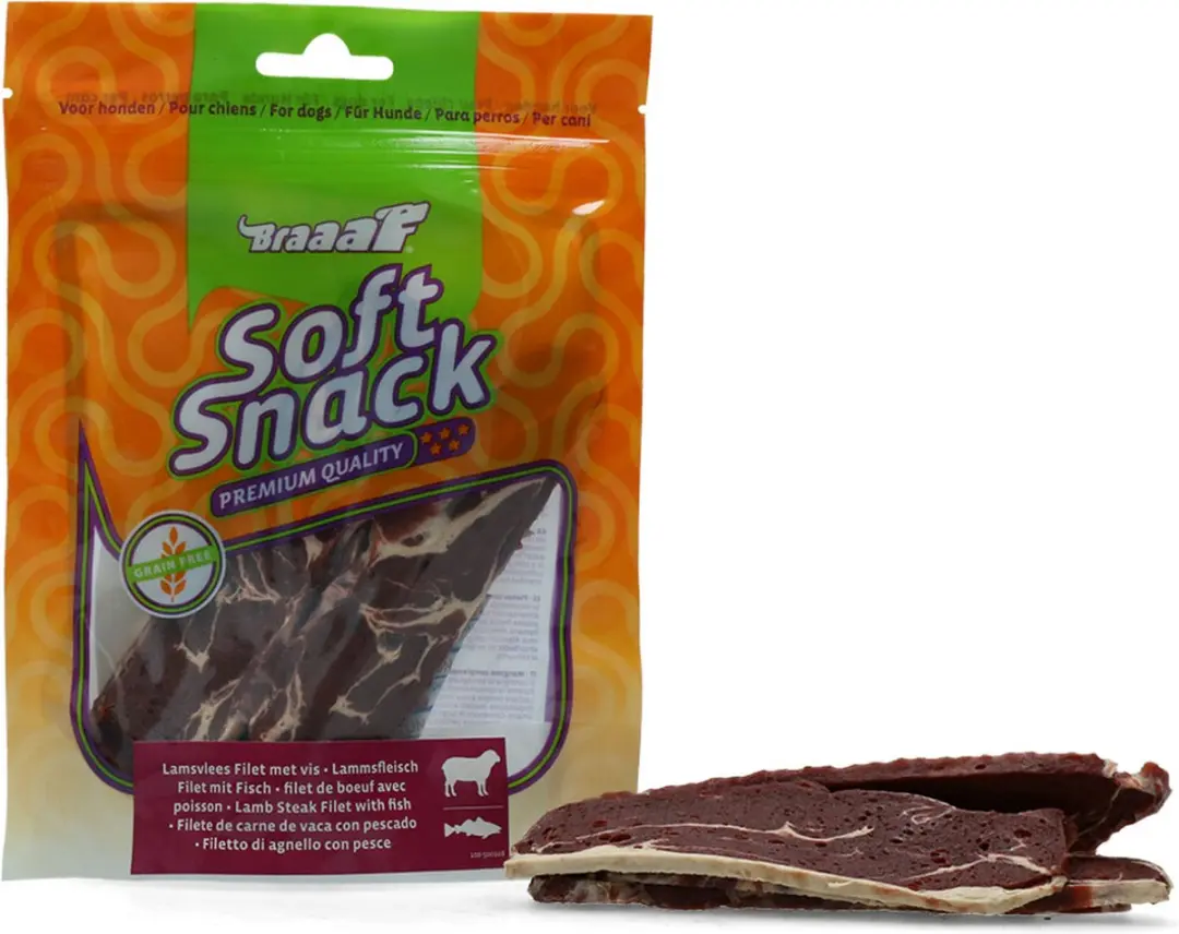 Braaaf Hondensnack Filet Lam Steak - Vis 85g - 10x - afbeelding 6 van 6