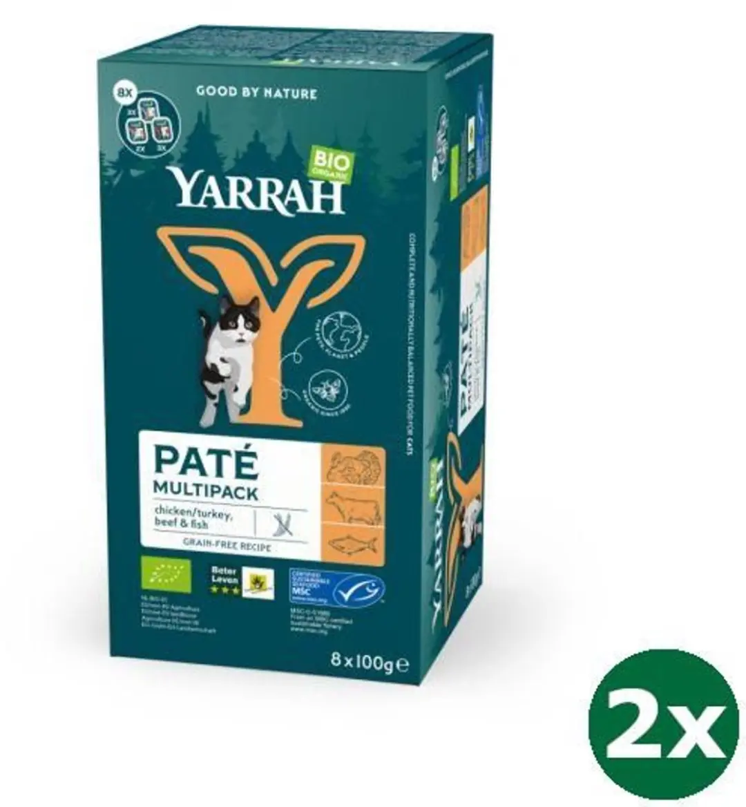 Yarrah organic kat multipack pate zalm / kalkoen / rund kattenvoer 2x 8x100 gr N