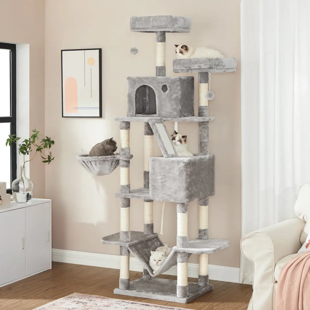 Krabpaal groot, 154 cm hoog, XXL kattenboom,2 platforms, mand, hangmat, pluche b