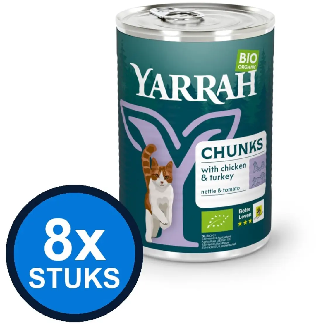 8x Yarrah cat bio blik brokjes saus kip&kalkoen 405gr